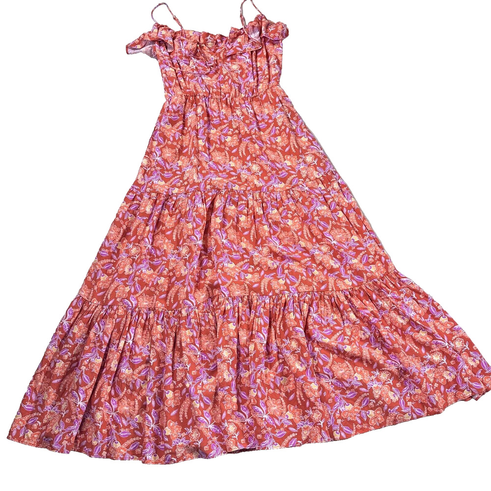 J. Crew Women XSmall Orange Floral Ruffle Spaghetti Strap Tiered Midi Dress New